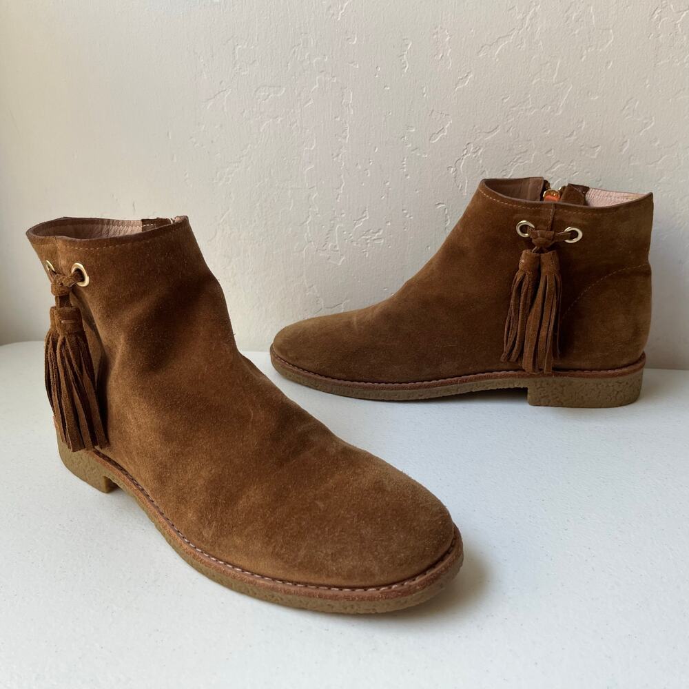 Kate Spade Size 8 Bellamy Ankle Boots Tan Suede Fringe Tassel Side Zip Neutral